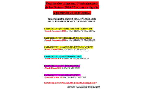 Créneaux de reprise saison 2016/2017