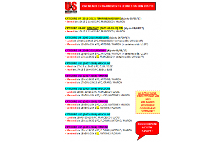CRENAUX ENTRAINEMENTS JEUNES 2017/18