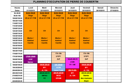 Créneaux et stages vacances de la Toussaint 